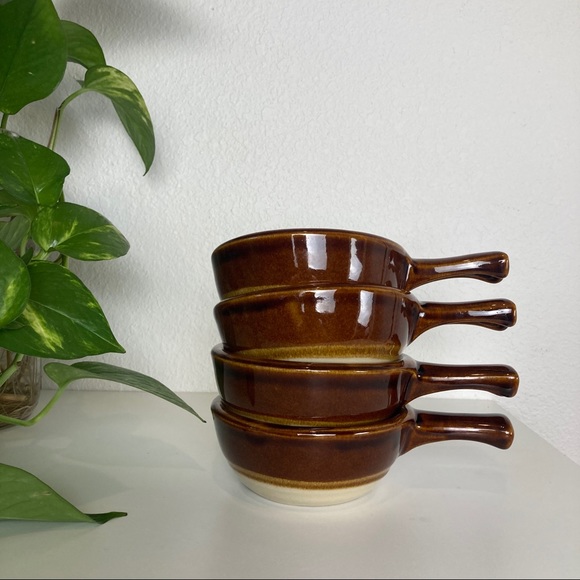 4 Vintage Stoneware Soup Bowls w. Handles USA made
